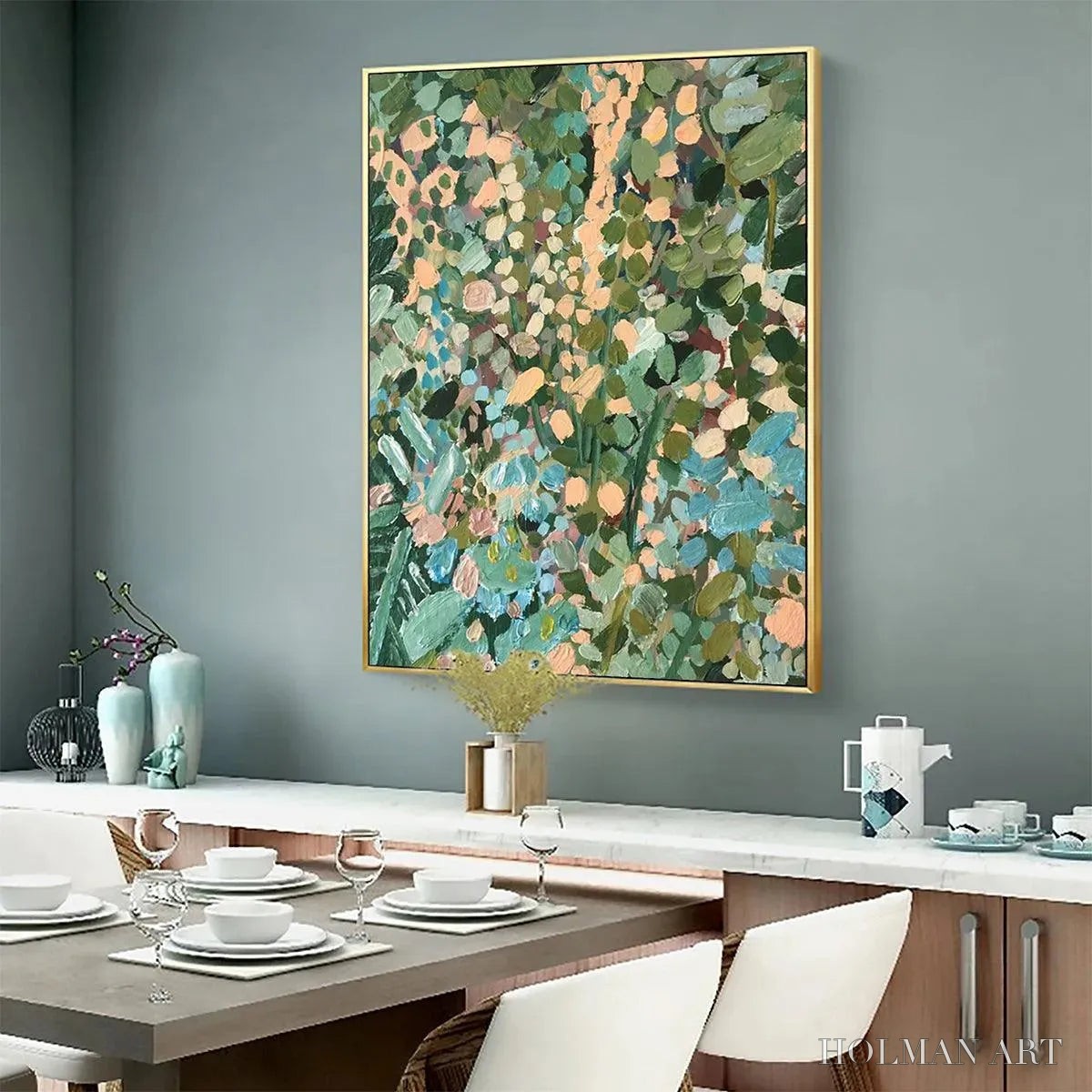 HOLMAN ART Enchanted Garden – Vertical Abstract Floral Painting in Green, Blue, and Peach - image 6