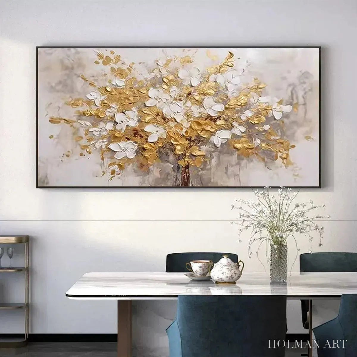 HOLMAN ART Golden Garden – Textured White and Gold Floral Impasto Painting - image 4