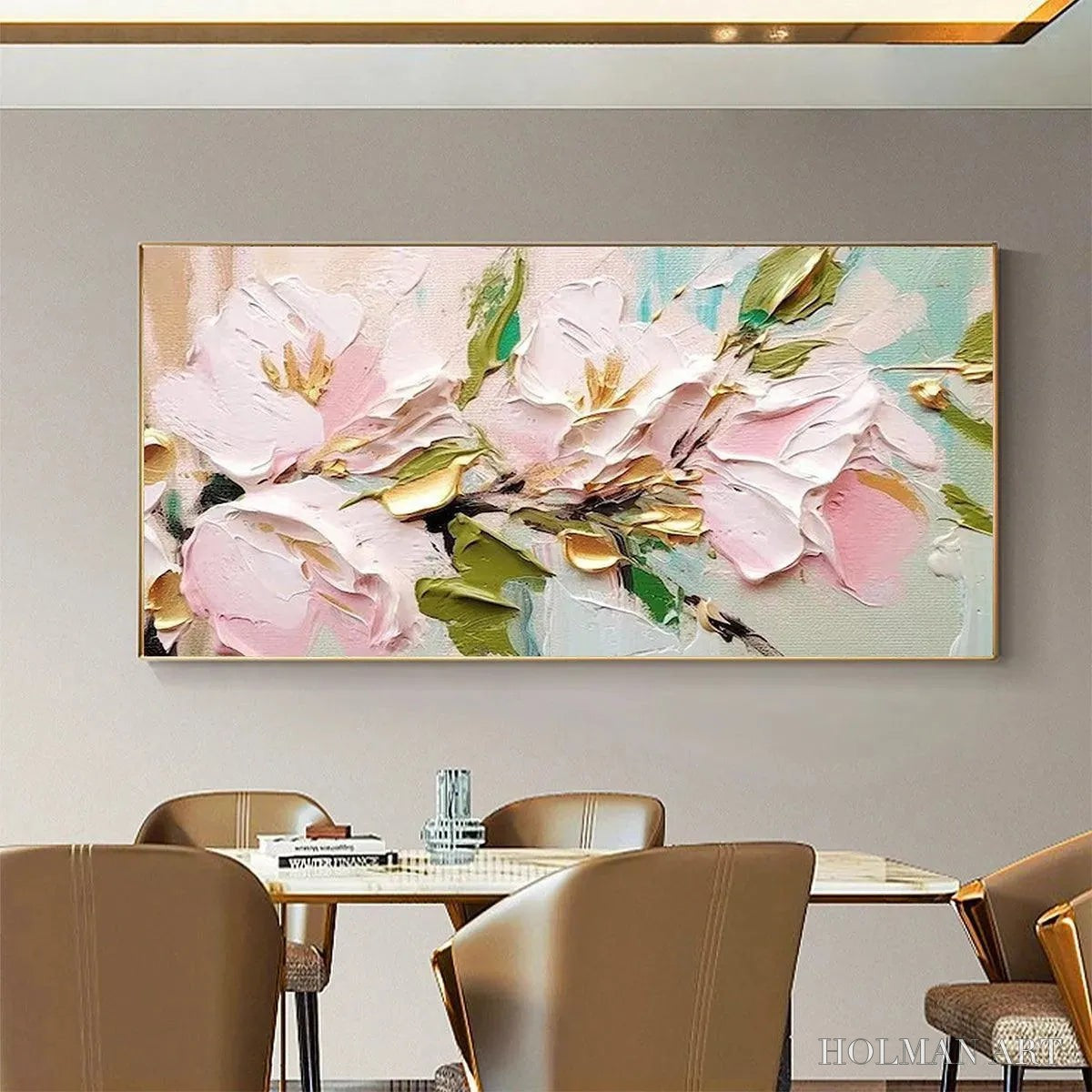 HOLMAN ART Golden Blush – Textured Pink and Gold Floral Impasto Painting - image 4