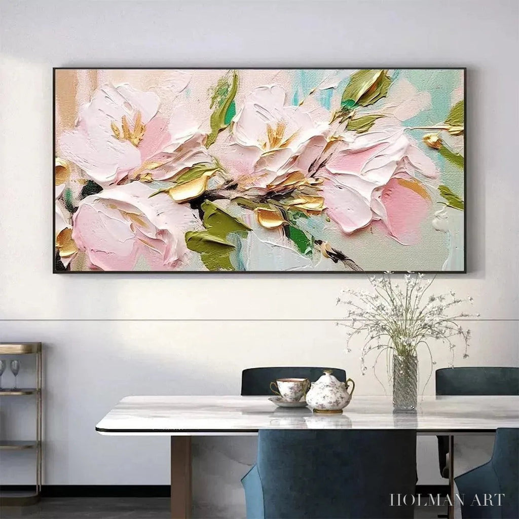 HOLMAN ART Golden Blush – Textured Pink and Gold Floral Impasto Painting - image 6