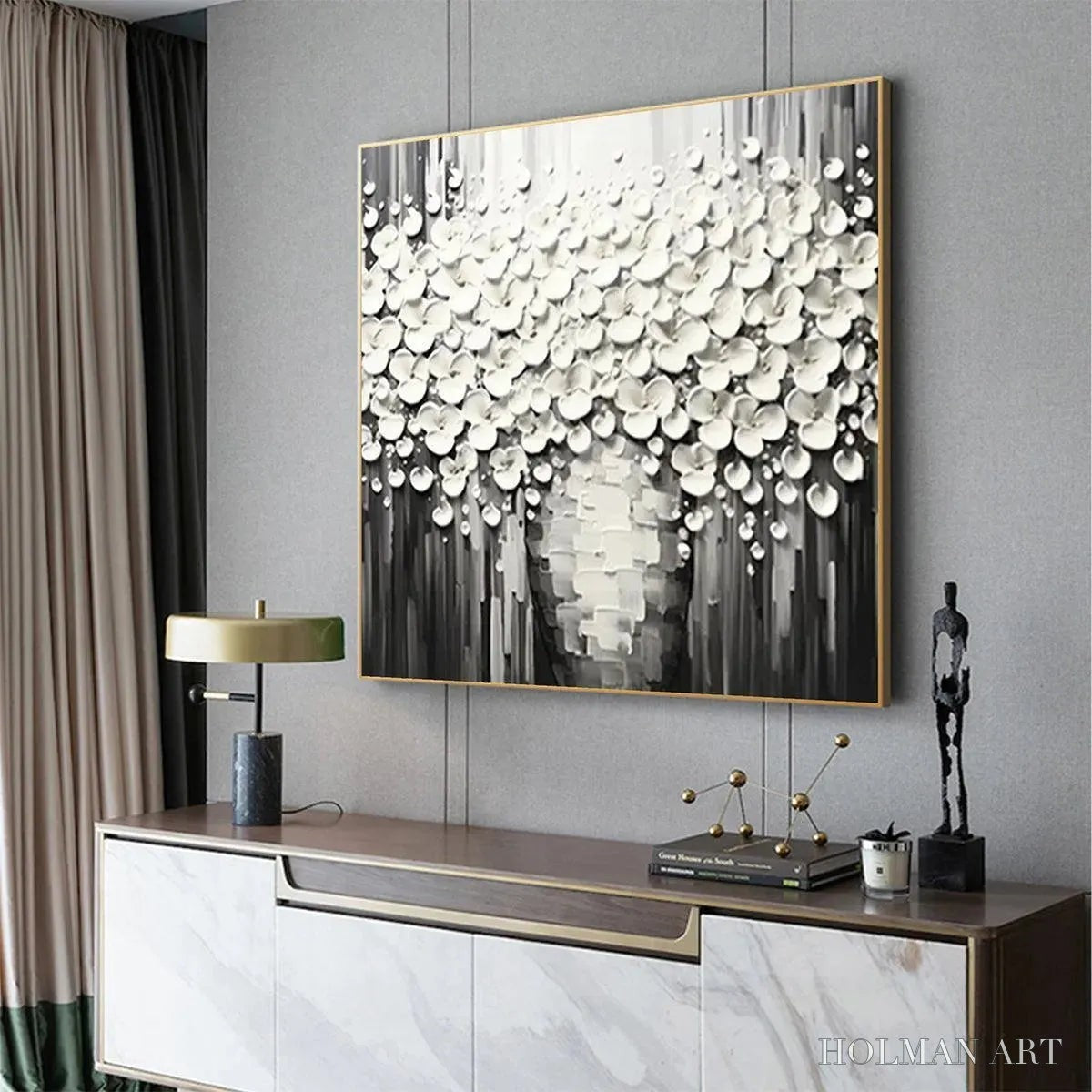 HOLMAN ART White Bouquet – Textured White Floral Painting on Grey Background - image 6