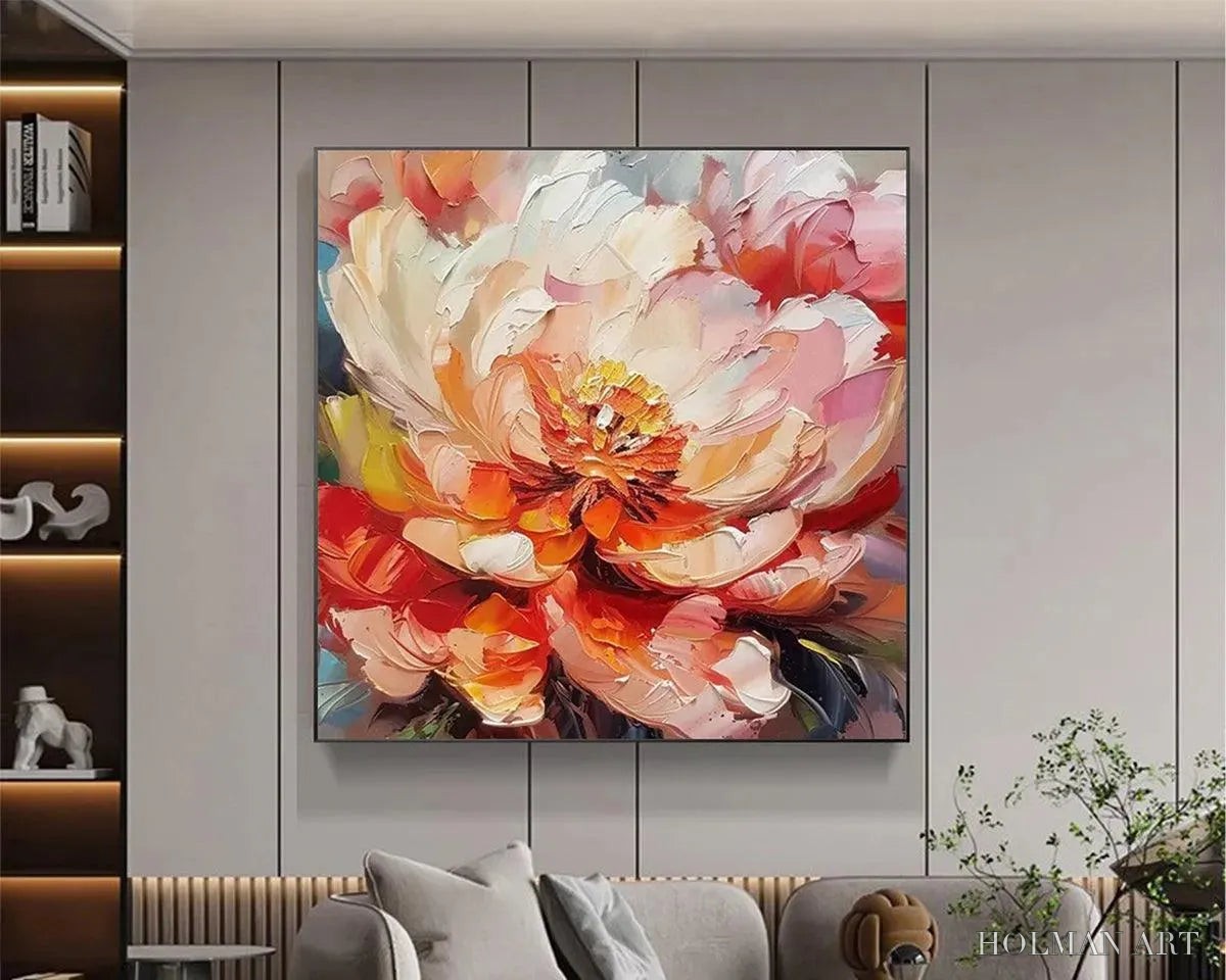 HOLMAN ART Blooming Peony – Textured Impasto Peony Painting in Pink and Orange - image 4