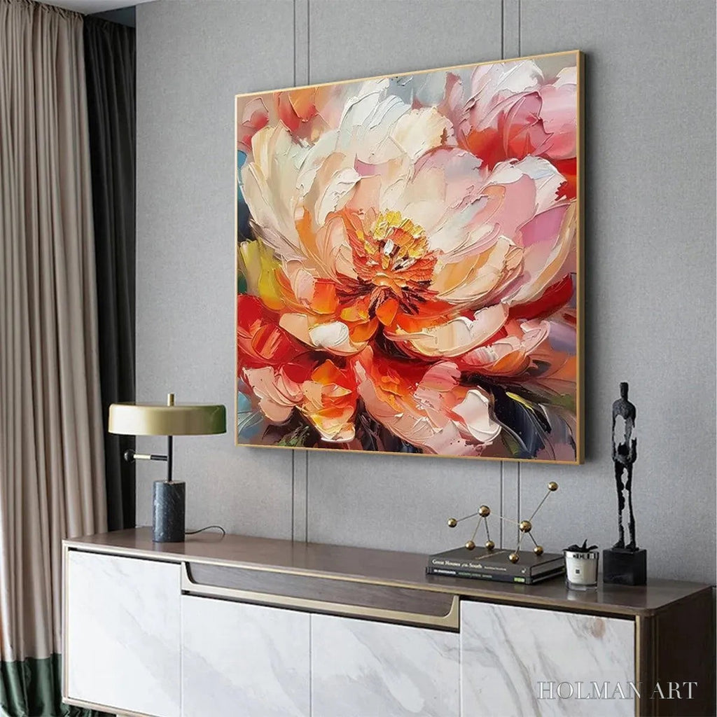 HOLMAN ART Blooming Peony – Textured Impasto Peony Painting in Pink and Orange - image 6