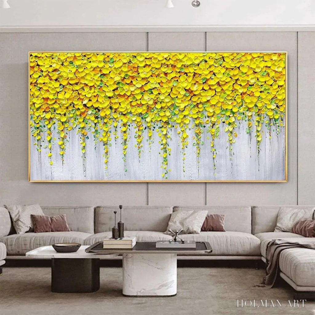 HOLMAN ART Golden Cascade – Textured Yellow Floral Painting on Grey Background - image 2