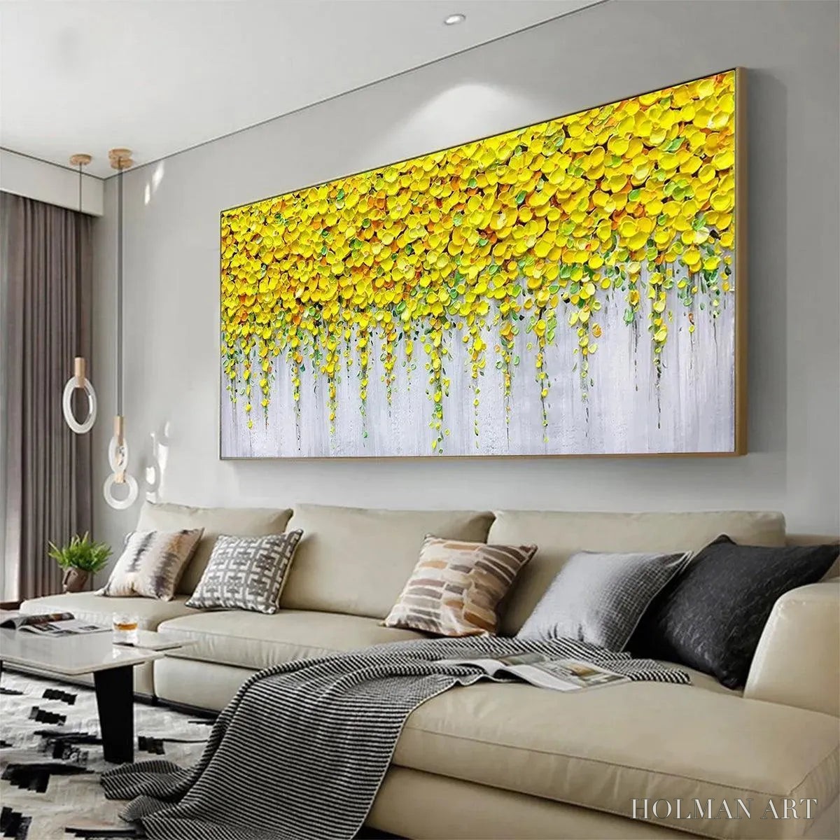 HOLMAN ART Golden Cascade – Textured Yellow Floral Painting on Grey Background - image 4