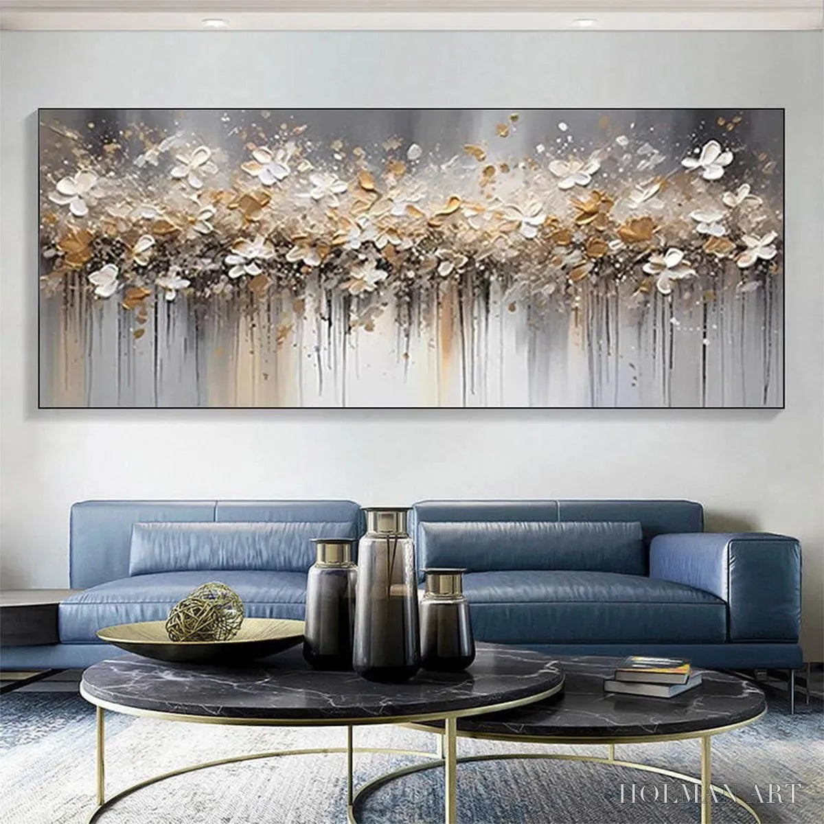 HOLMAN ART Golden Drift – White and Gold Floral Abstract Painting - image 2