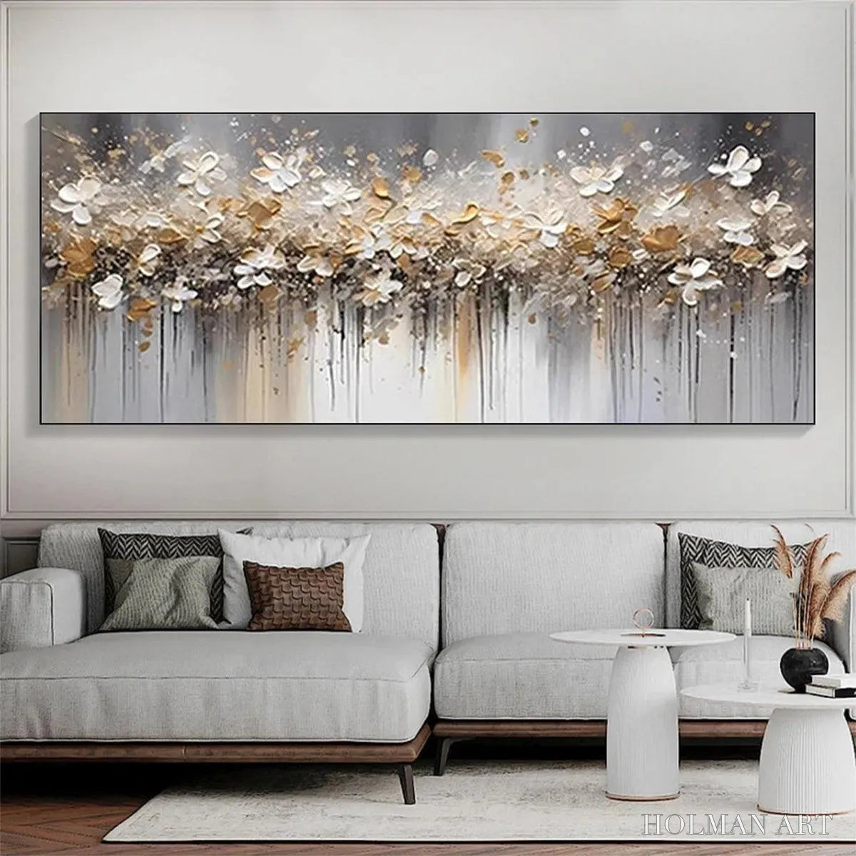 HOLMAN ART Golden Drift – White and Gold Floral Abstract Painting - image 4
