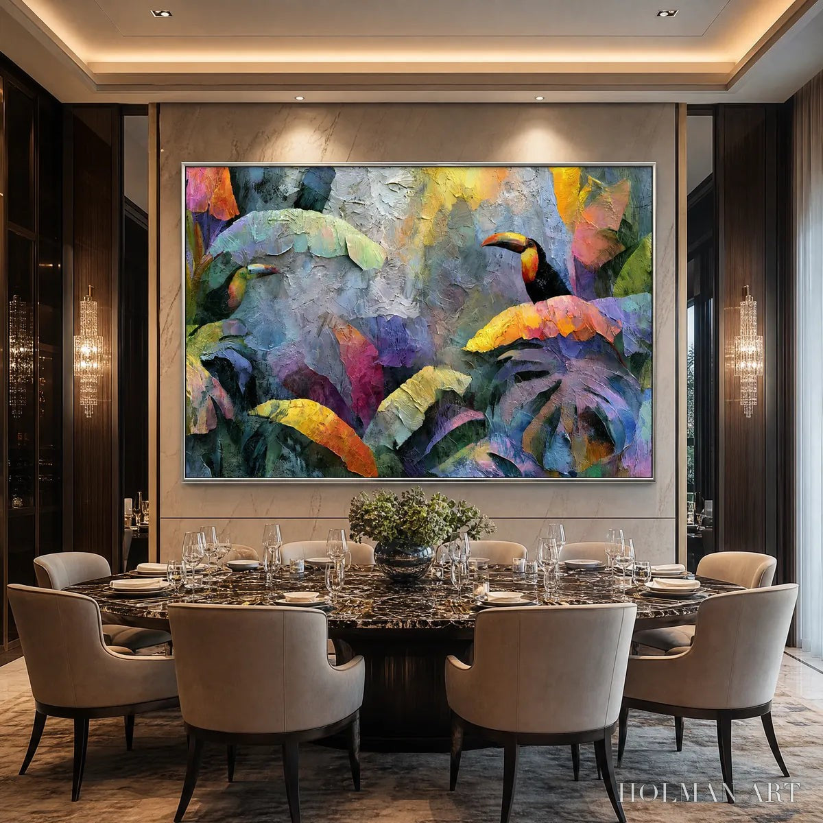 HOLMAN ART Jungle Sanctuary – Heavily Textured Impasto Toucan & Tropical Leaf Painting - image 2
