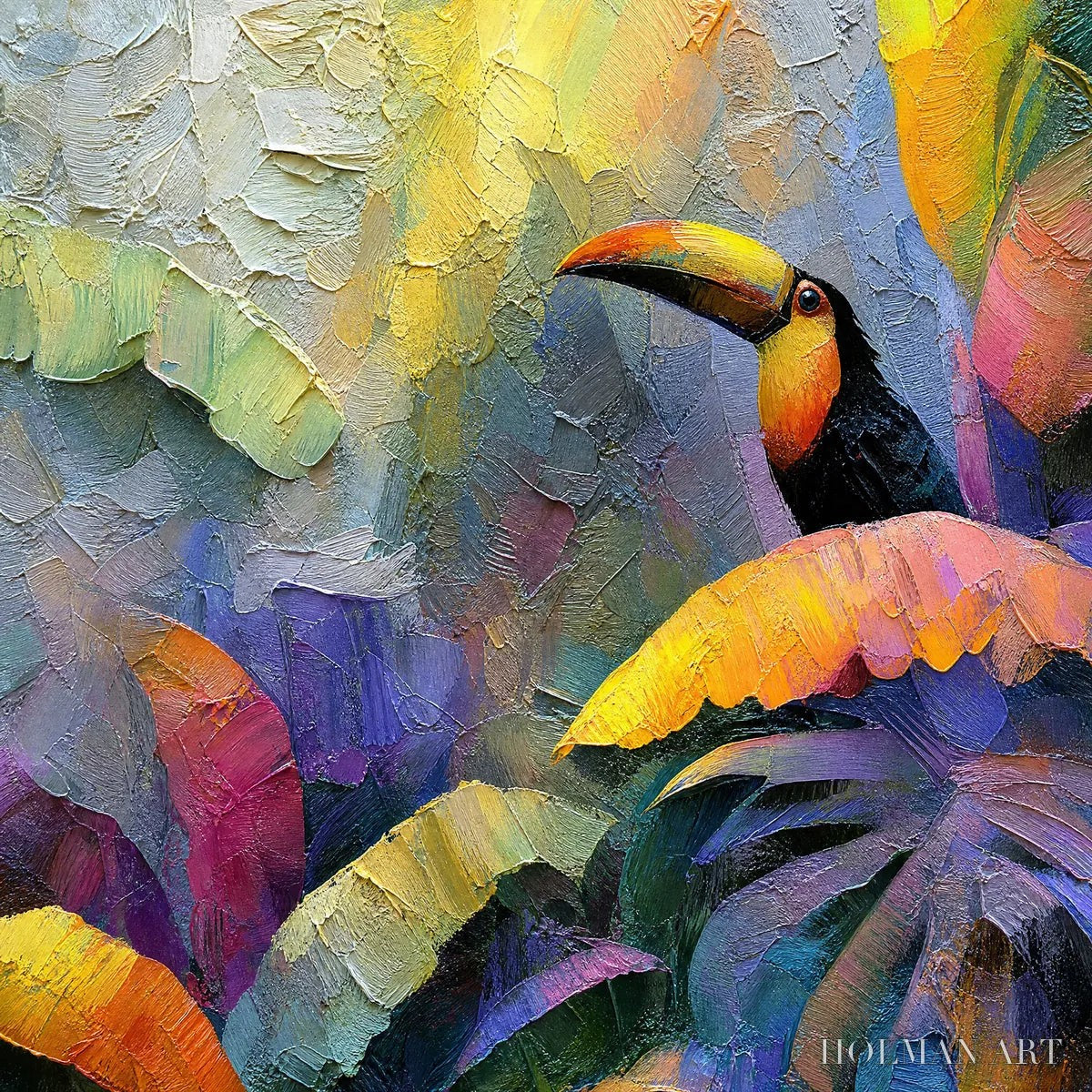 HOLMAN ART Jungle Sanctuary – Heavily Textured Impasto Toucan & Tropical Leaf Painting - image 3