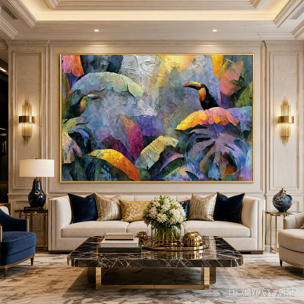 HOLMAN ART Jungle Sanctuary – Heavily Textured Impasto Toucan & Tropical Leaf Painting - image 4