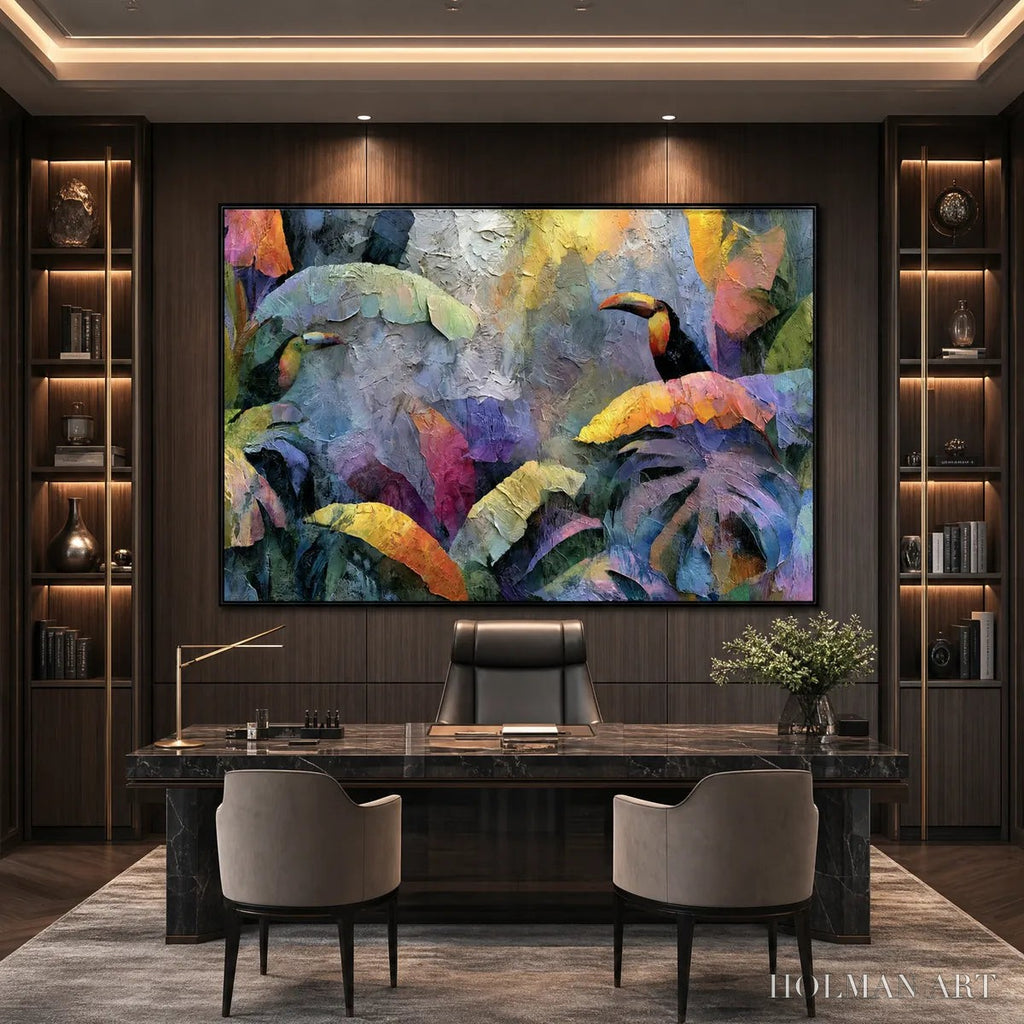 HOLMAN ART Jungle Sanctuary – Heavily Textured Impasto Toucan & Tropical Leaf Painting - image 5