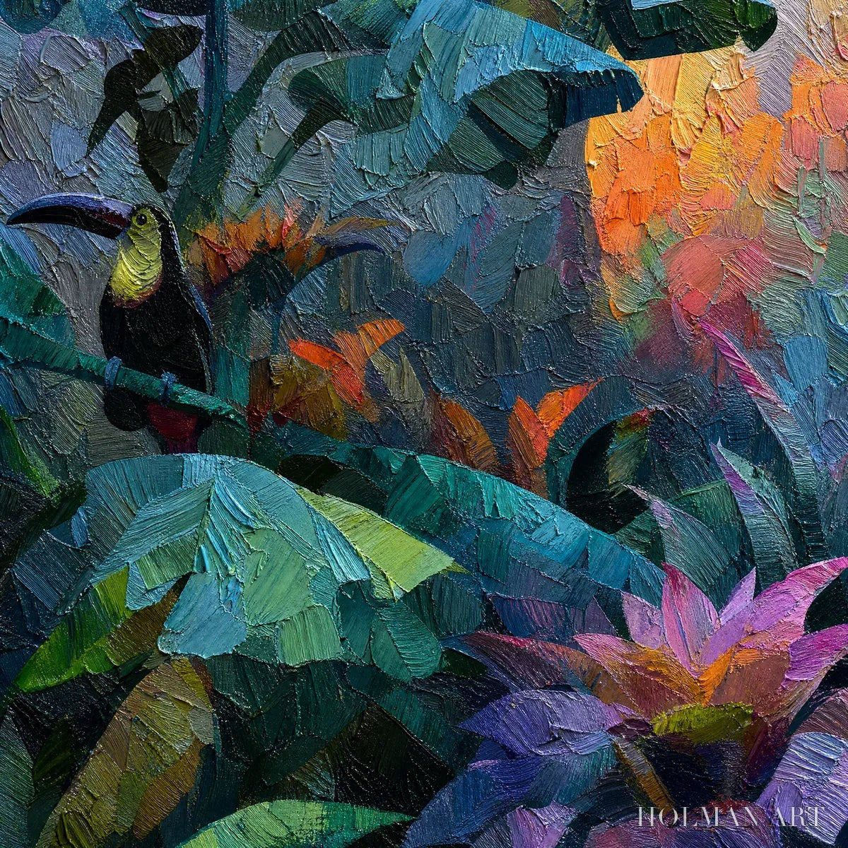 HOLMAN ART Emerald Hideaway – Vibrant Impasto Jungle Scene with Toucans - image 3
