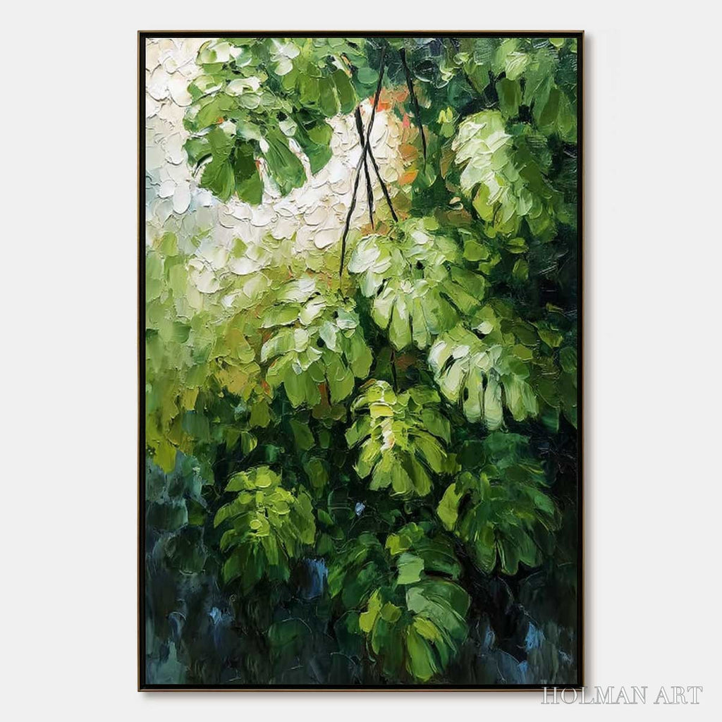 HOLMAN ART Emerald Sanctuary – Textured Green Monstera Leaf Impasto Oil Painting - image 1