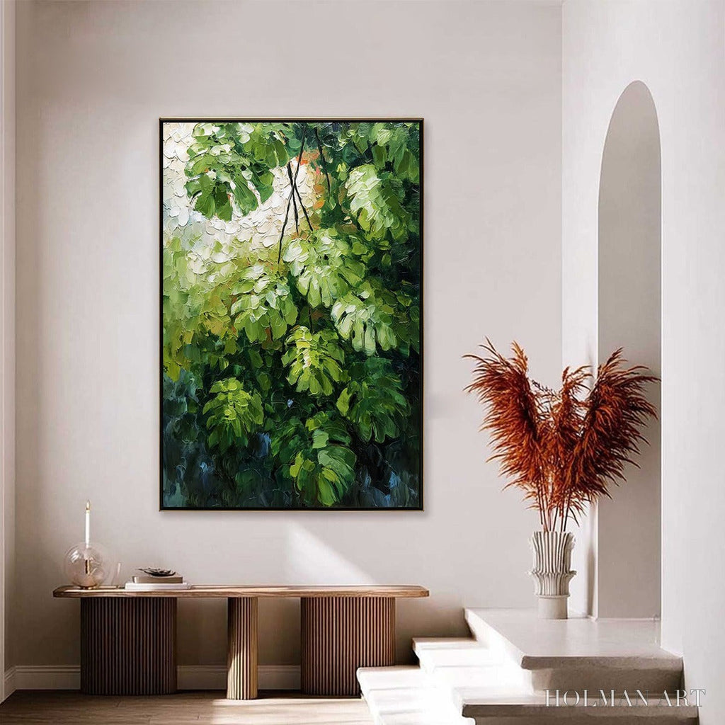 HOLMAN ART Emerald Sanctuary – Textured Green Monstera Leaf Impasto Oil Painting - image 4