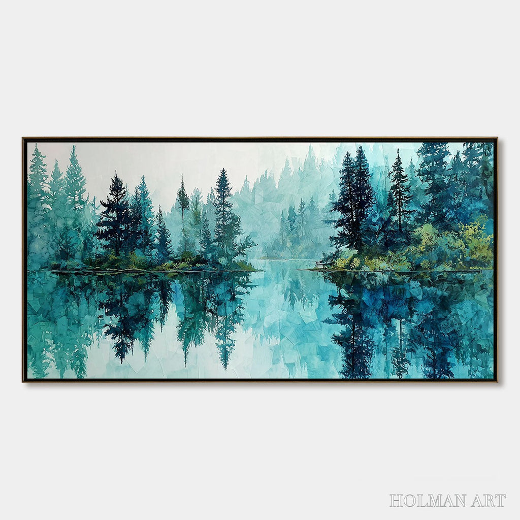 HOLMAN ART Azure Sanctuary – Horizontal Forest Lake Reflection Landscape Painting - image 1