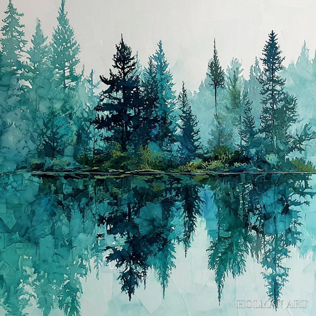 HOLMAN ART Azure Sanctuary – Horizontal Forest Lake Reflection Landscape Painting - image 3