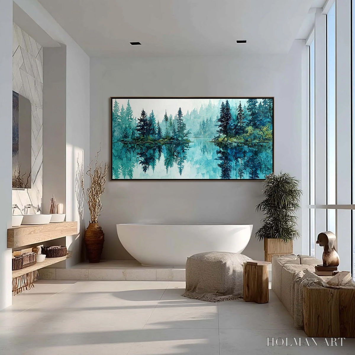 HOLMAN ART Azure Sanctuary – Horizontal Forest Lake Reflection Landscape Painting - image 4