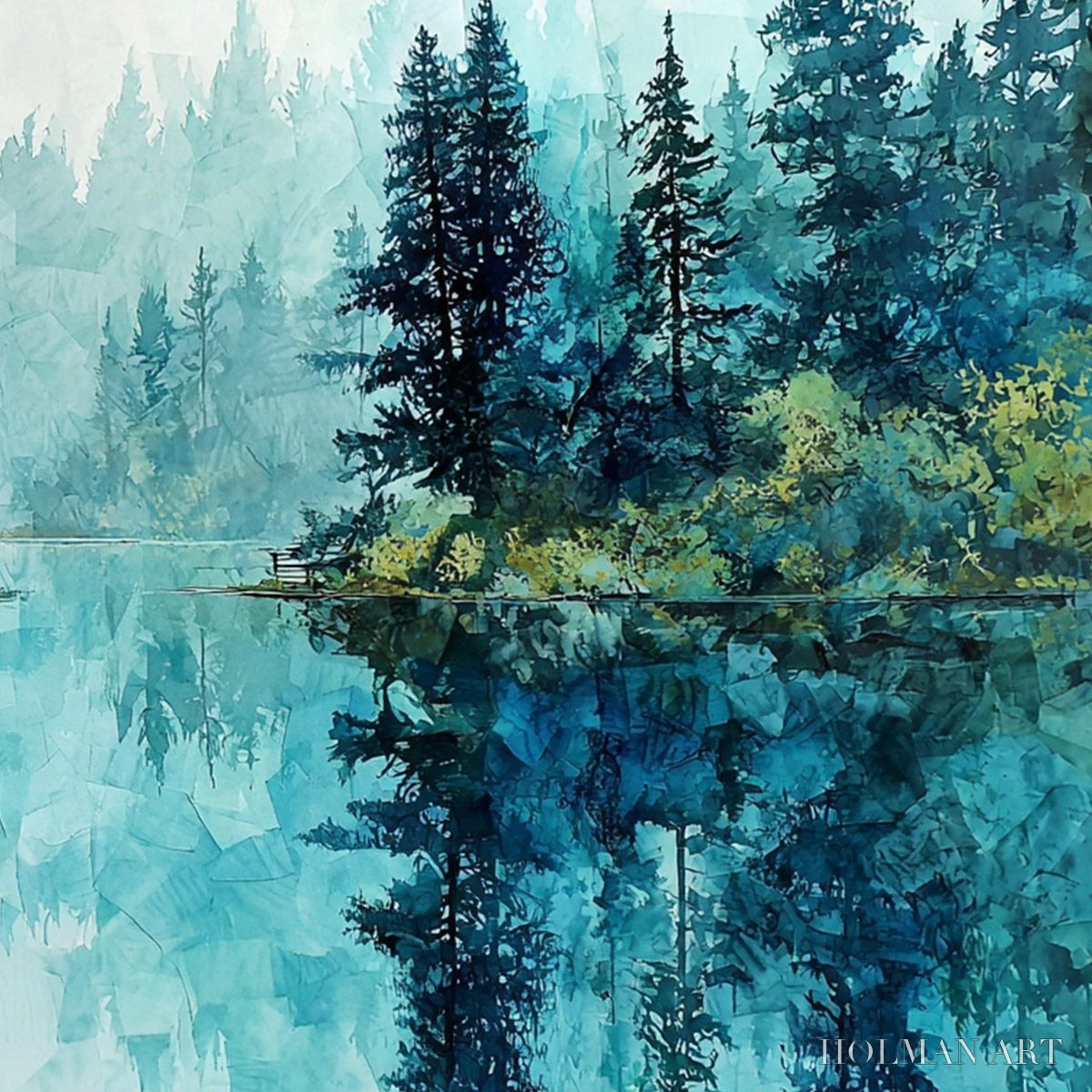 HOLMAN ART Azure Sanctuary – Horizontal Forest Lake Reflection Landscape Painting - image 5