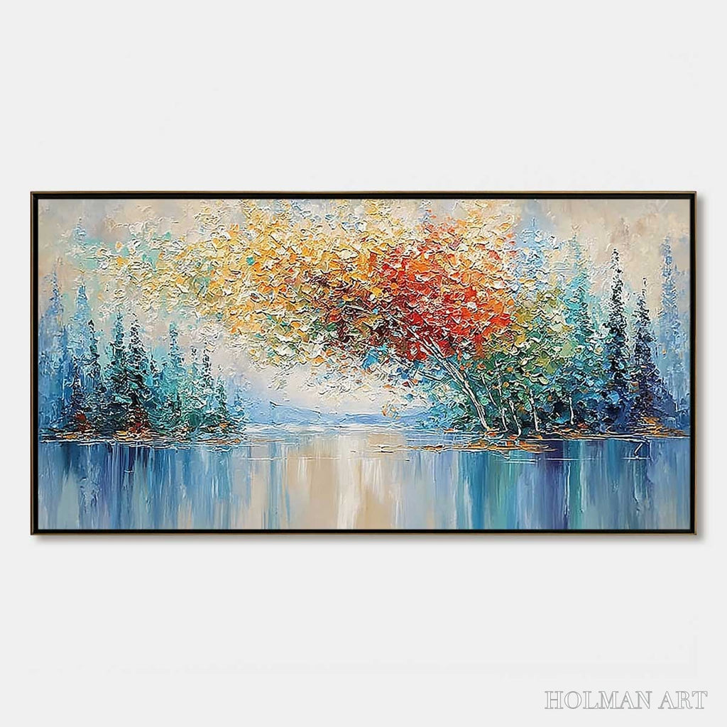 HOLMAN ART Vibrant Reflections – Colorful Textured Impasto Forest and Lake Painting - image 1