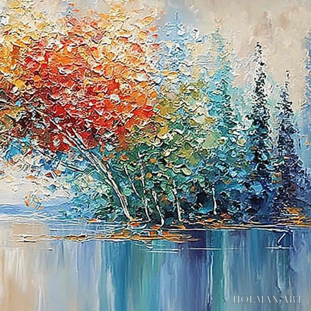 HOLMAN ART Vibrant Reflections – Colorful Textured Impasto Forest and Lake Painting - image 5