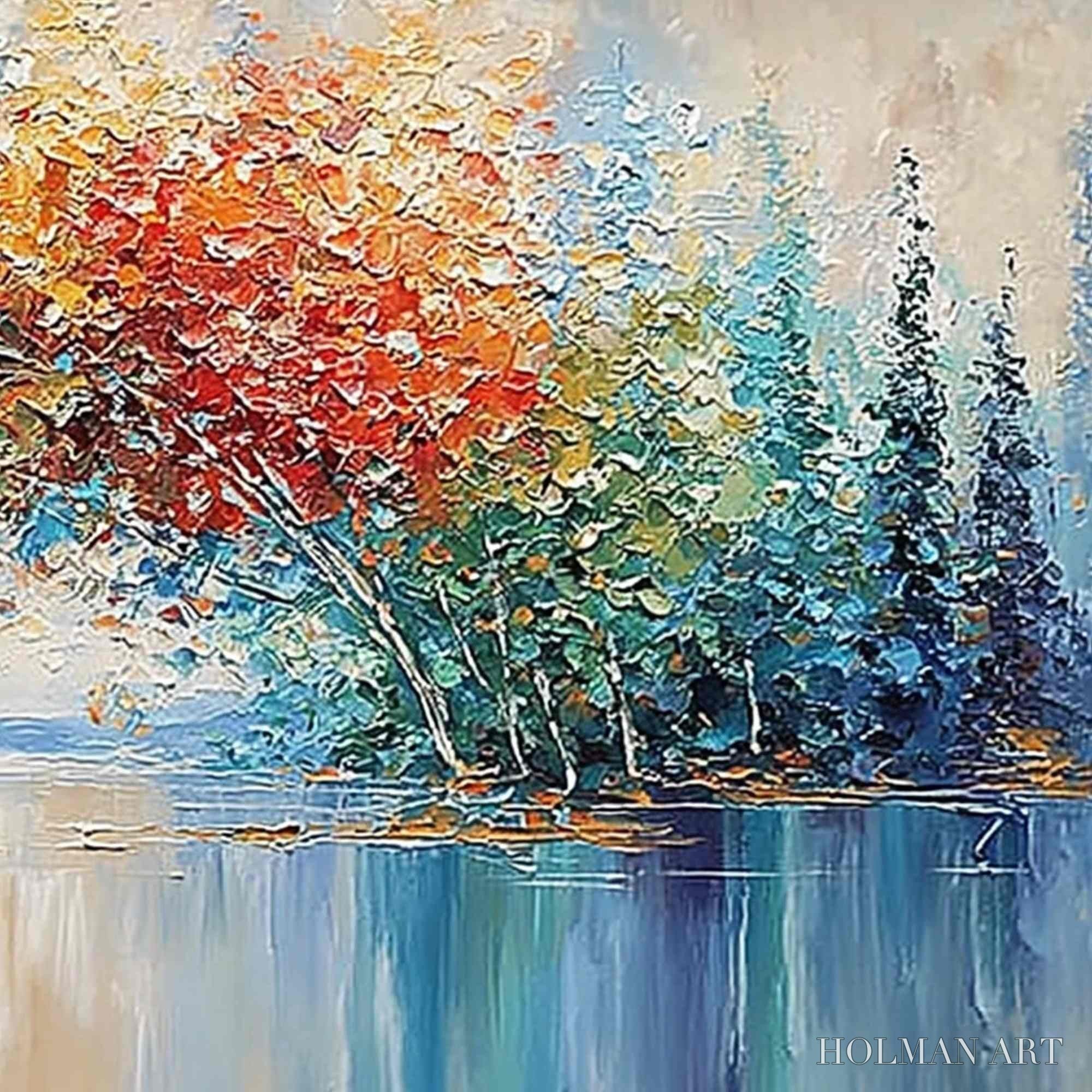 HOLMAN ART Vibrant Reflections – Colorful Textured Impasto Forest and Lake Painting - image 5