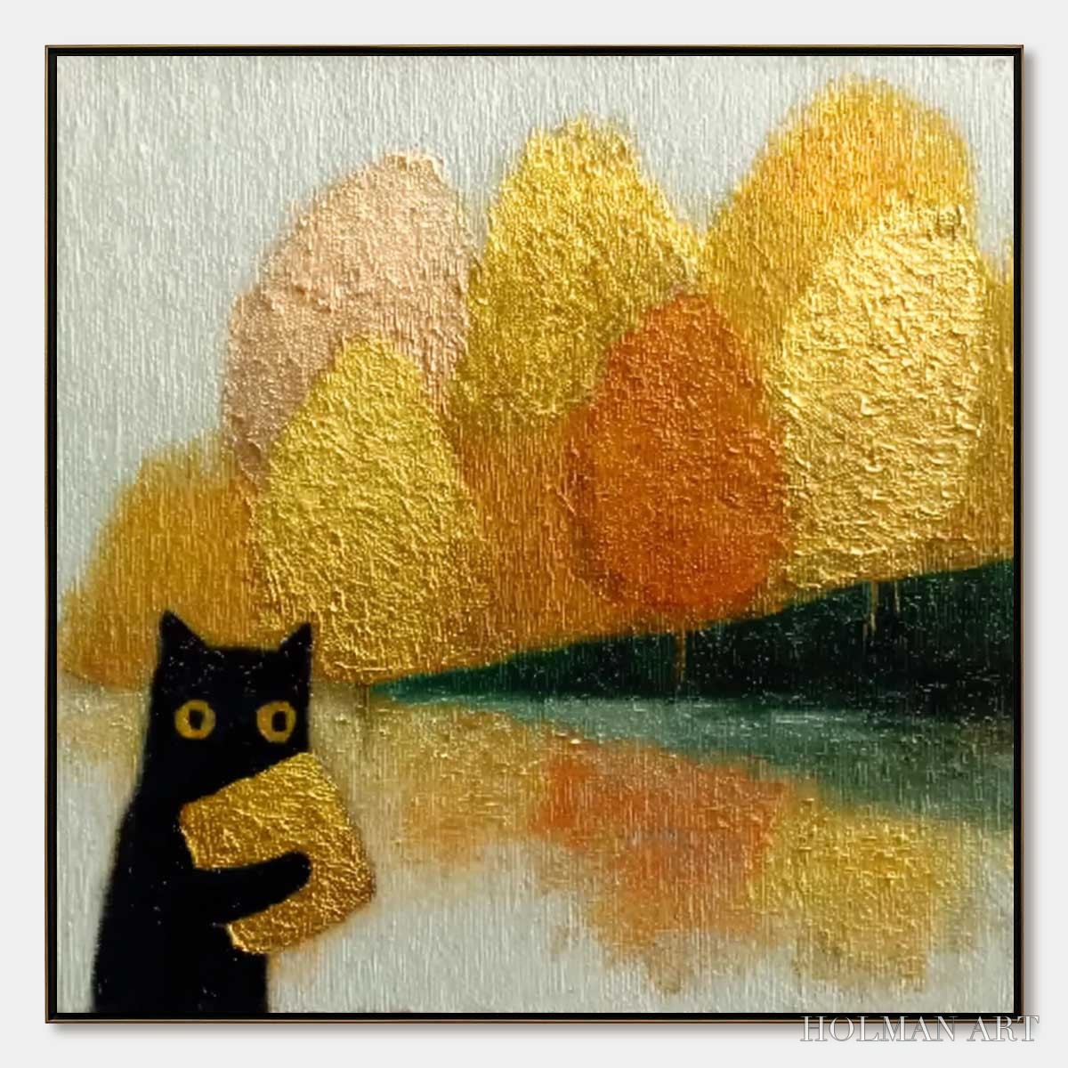 HOLMAN ART Autumn'S Treasure – Whimsical Textured Gold Leaf Cat Painting - image 1