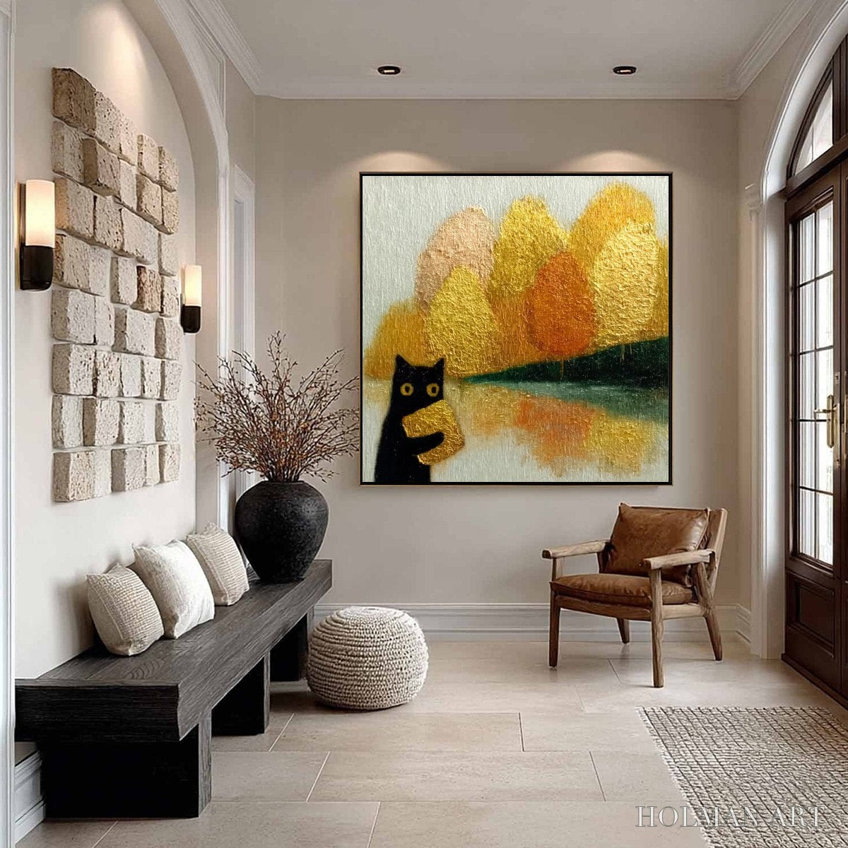 HOLMAN ART Autumn'S Treasure – Whimsical Textured Gold Leaf Cat Painting - image 4