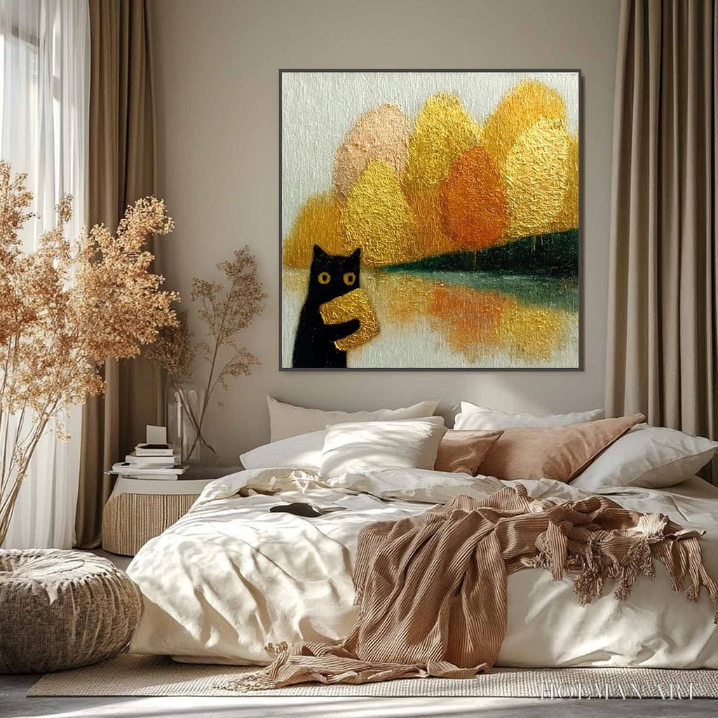 HOLMAN ART Autumn'S Treasure – Whimsical Textured Gold Leaf Cat Painting - image 6