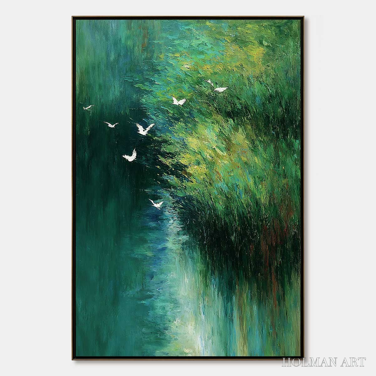 HOLMAN ART Emerald Flight – Abstract Green Forest & Birds Textured Oil Painting - image 1