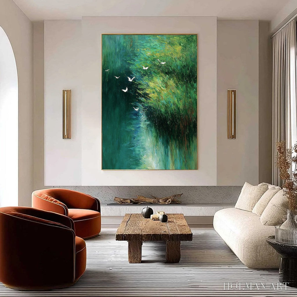 HOLMAN ART Emerald Flight – Abstract Green Forest & Birds Textured Oil Painting - image 2
