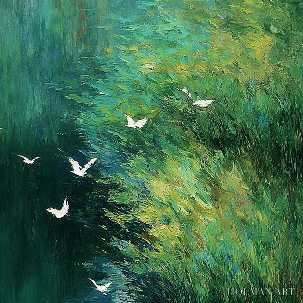 HOLMAN ART Emerald Flight – Abstract Green Forest & Birds Textured Oil Painting - image 3