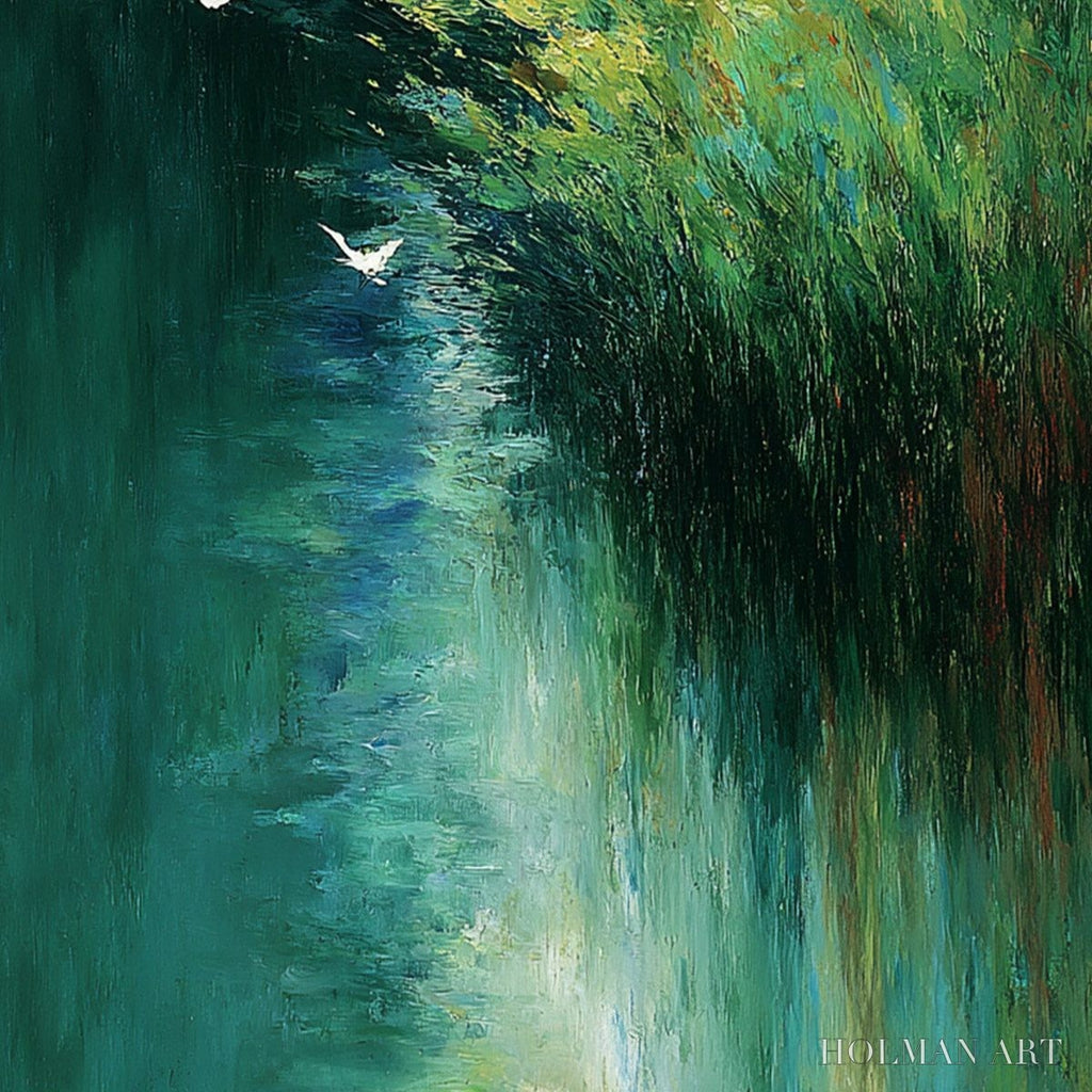 HOLMAN ART Emerald Flight – Abstract Green Forest & Birds Textured Oil Painting - image 5