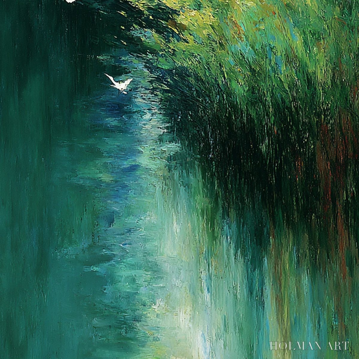 HOLMAN ART Emerald Flight – Abstract Green Forest & Birds Textured Oil Painting - image 5