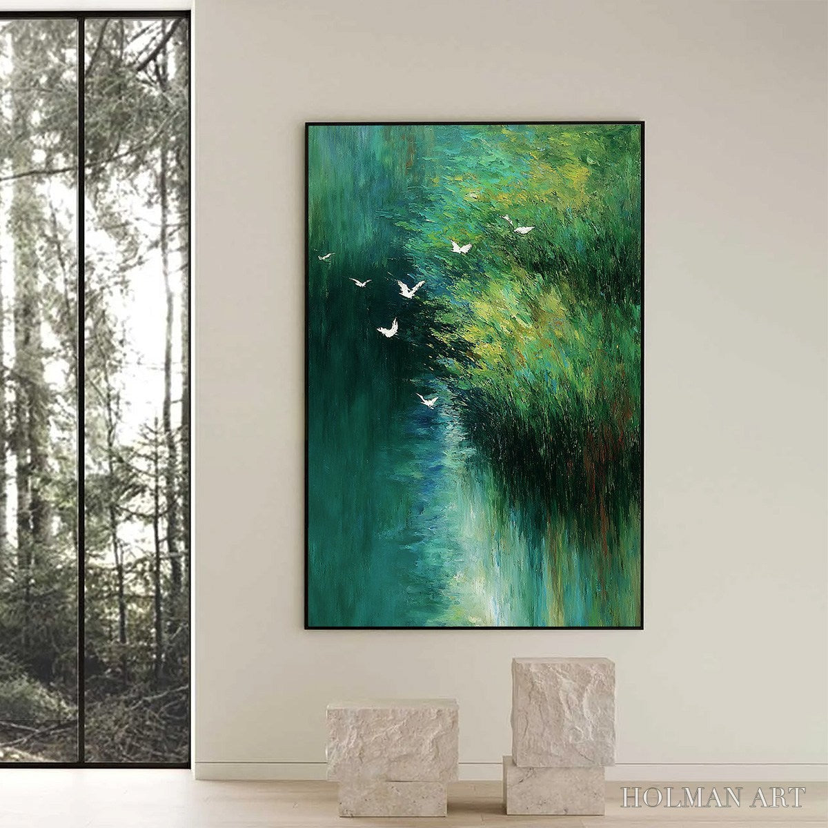 HOLMAN ART Emerald Flight – Abstract Green Forest & Birds Textured Oil Painting - image 6