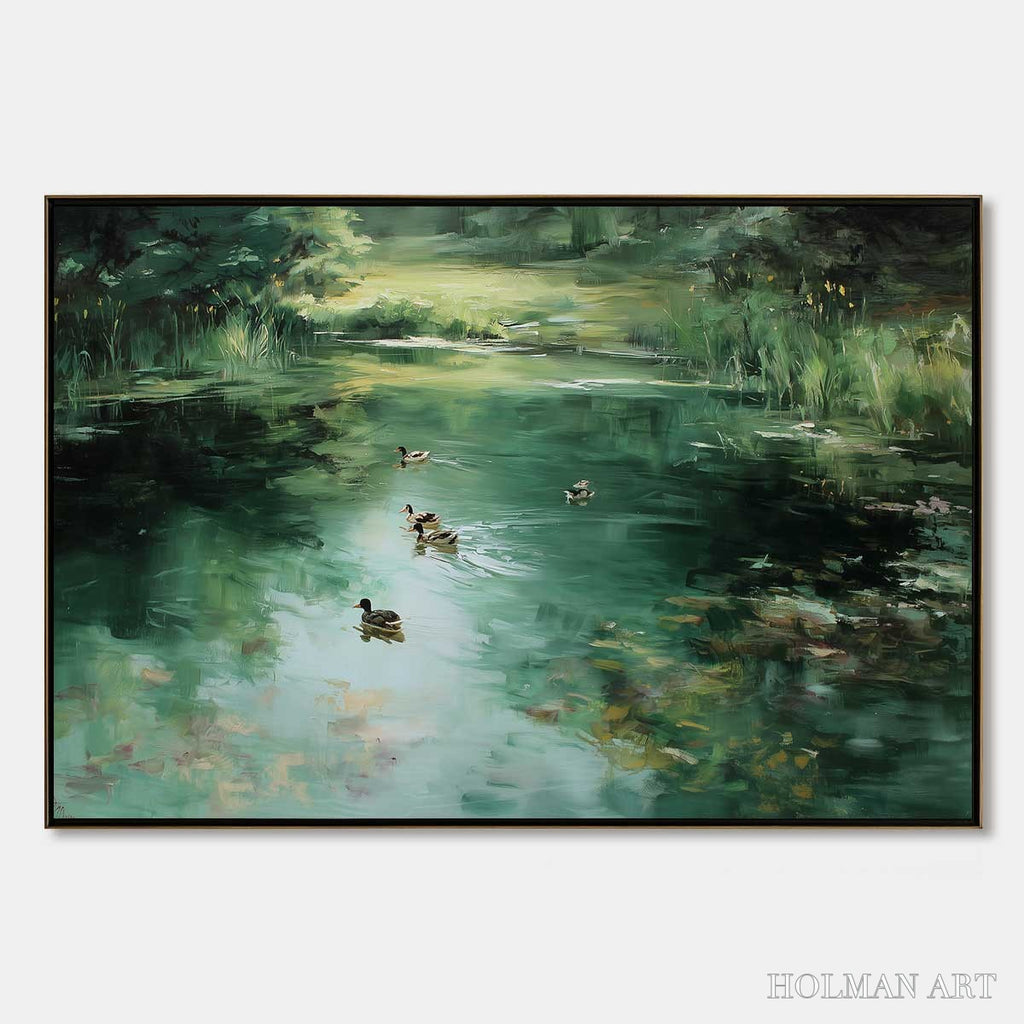 HOLMAN ART Verdant Drift – Impressionistic Green Pond with Ducks Oil Painting - image 1