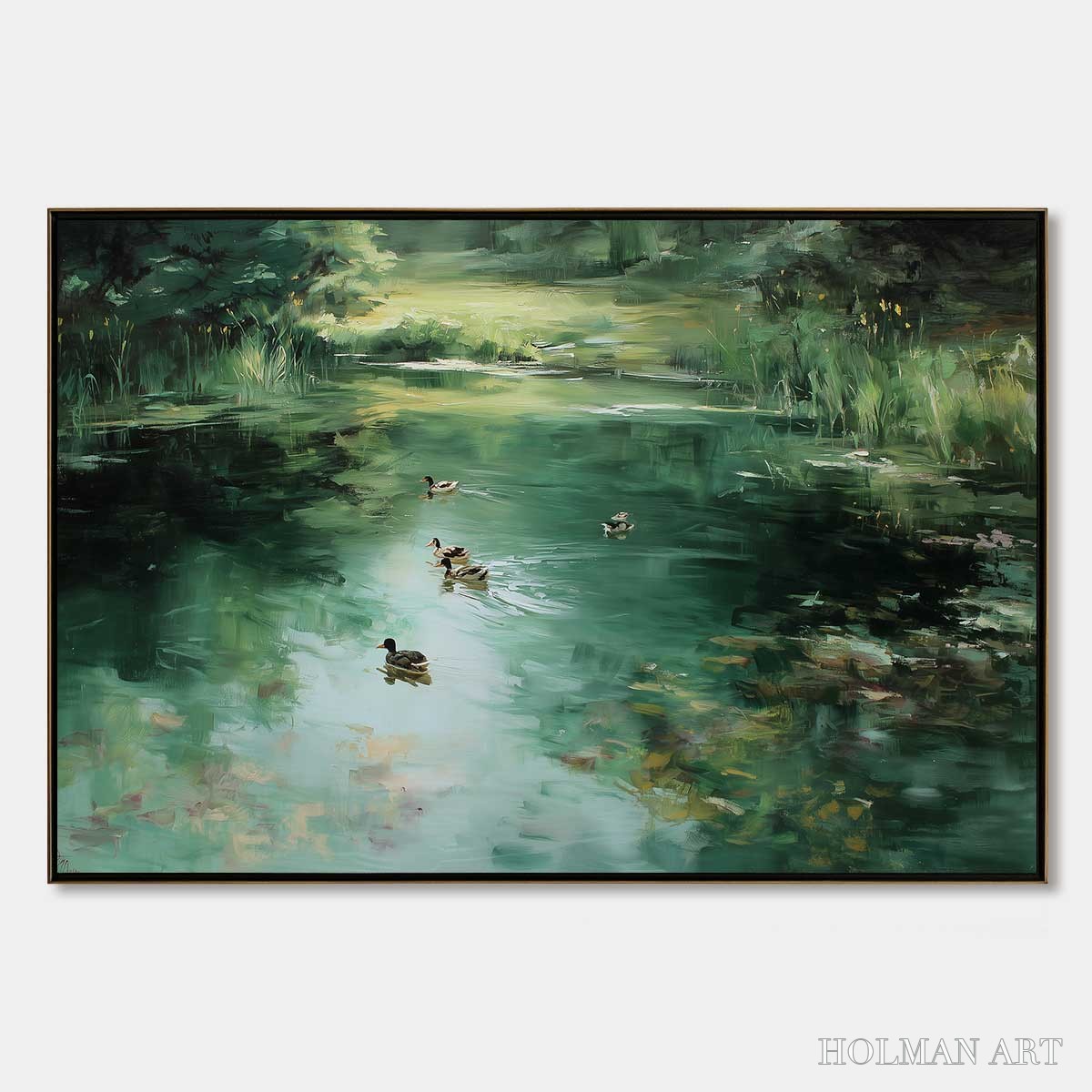 HOLMAN ART Verdant Drift – Impressionistic Green Pond with Ducks Oil Painting - image 1