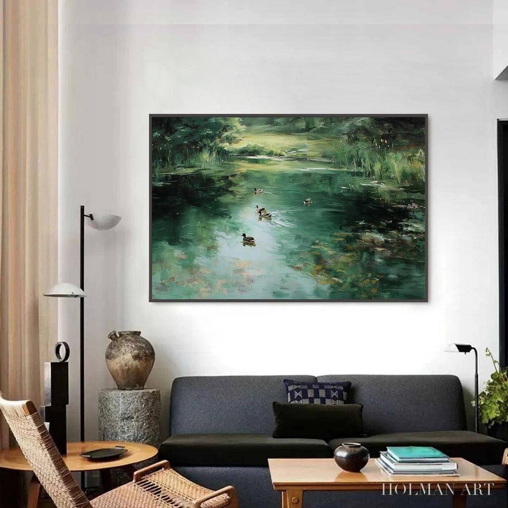 HOLMAN ART Verdant Drift – Impressionistic Green Pond with Ducks Oil Painting - image 2