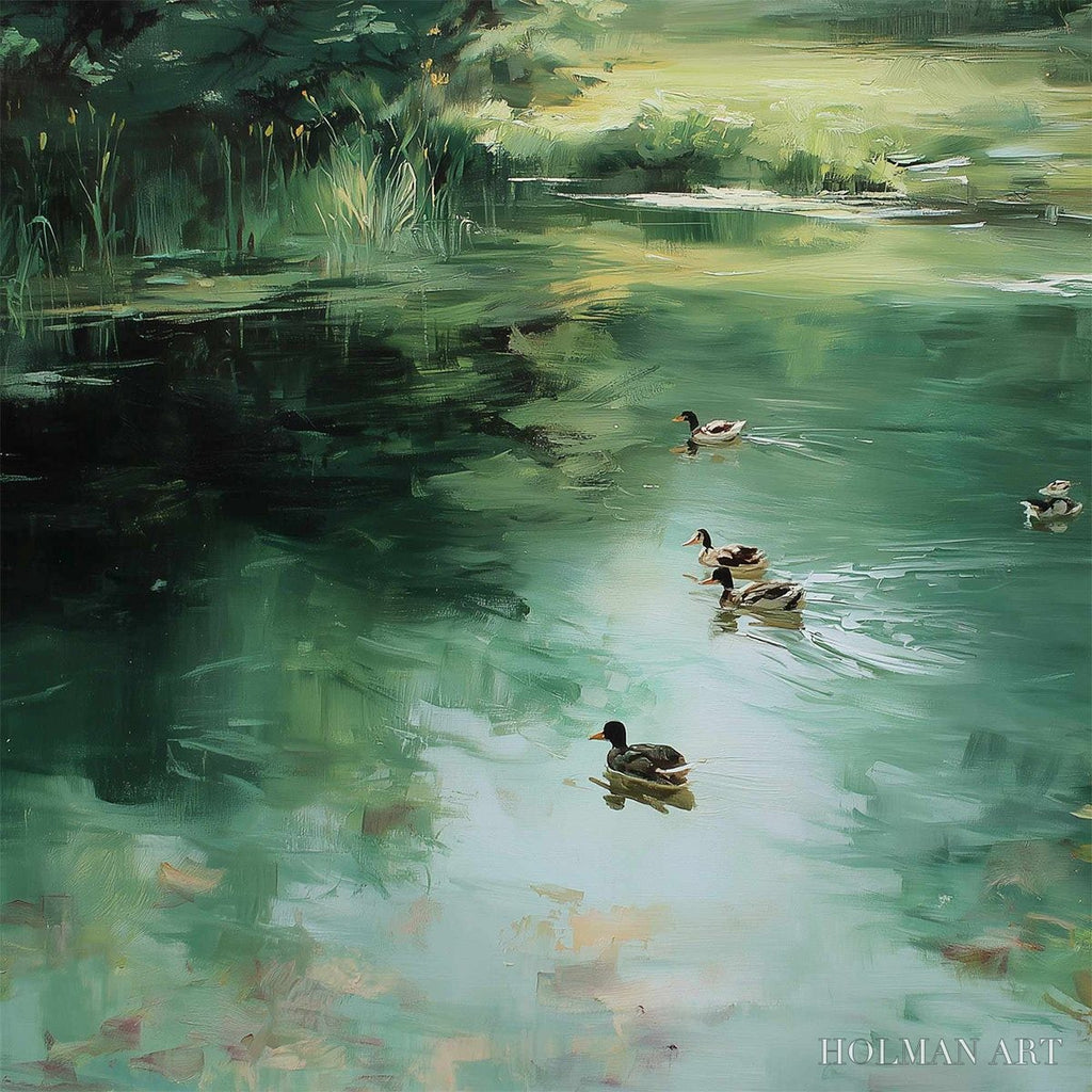HOLMAN ART Verdant Drift – Impressionistic Green Pond with Ducks Oil Painting - image 3
