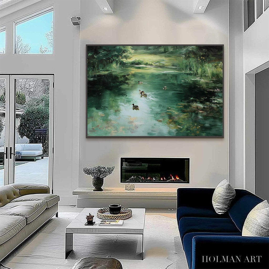 HOLMAN ART Verdant Drift – Impressionistic Green Pond with Ducks Oil Painting - image 4
