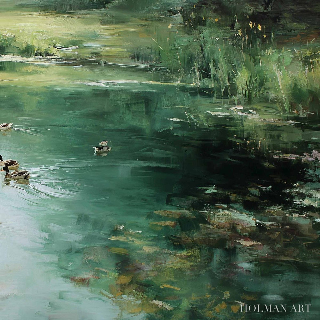 HOLMAN ART Verdant Drift – Impressionistic Green Pond with Ducks Oil Painting - image 5