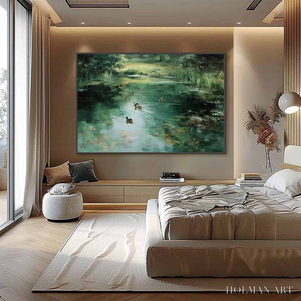 HOLMAN ART Verdant Drift – Impressionistic Green Pond with Ducks Oil Painting - image 6