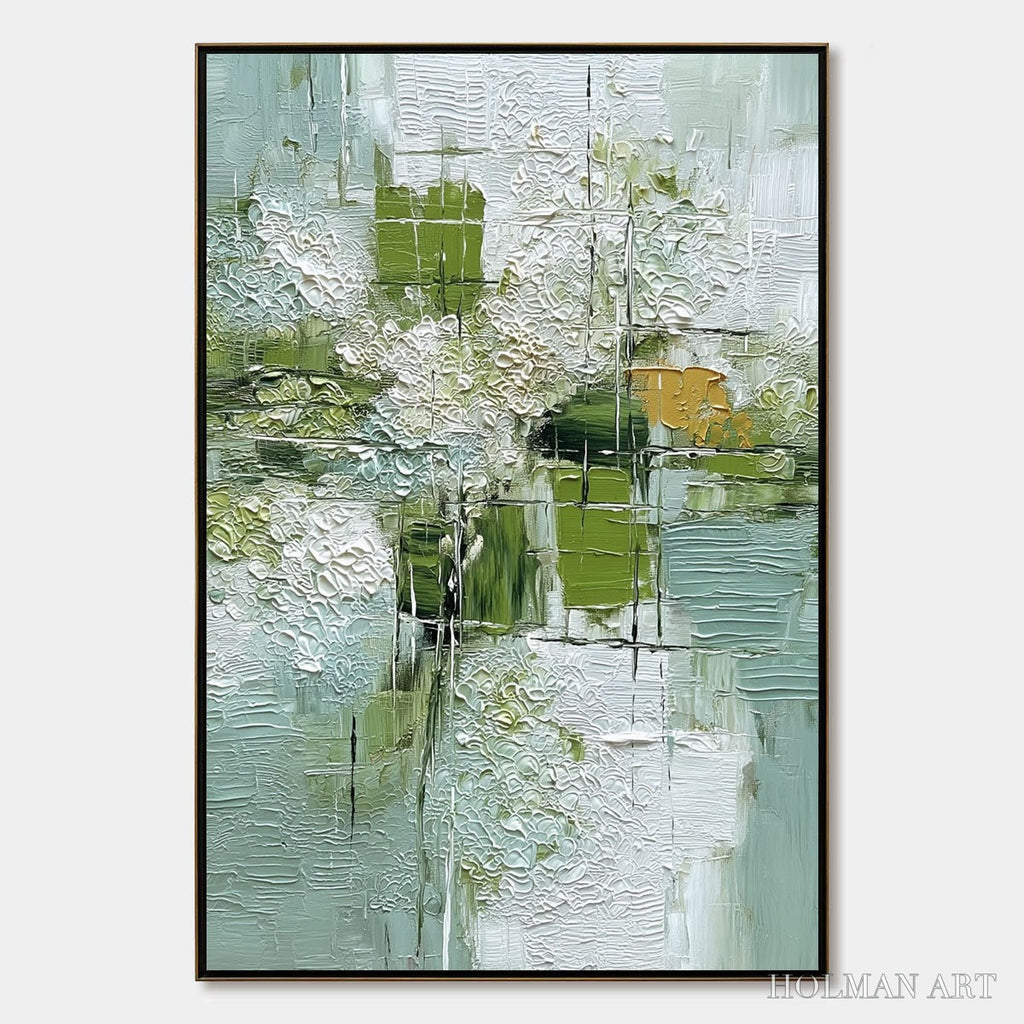 HOLMAN ART Verdant Grid – Textured Green and White Wabi Sabi Abstract Painting - image 1
