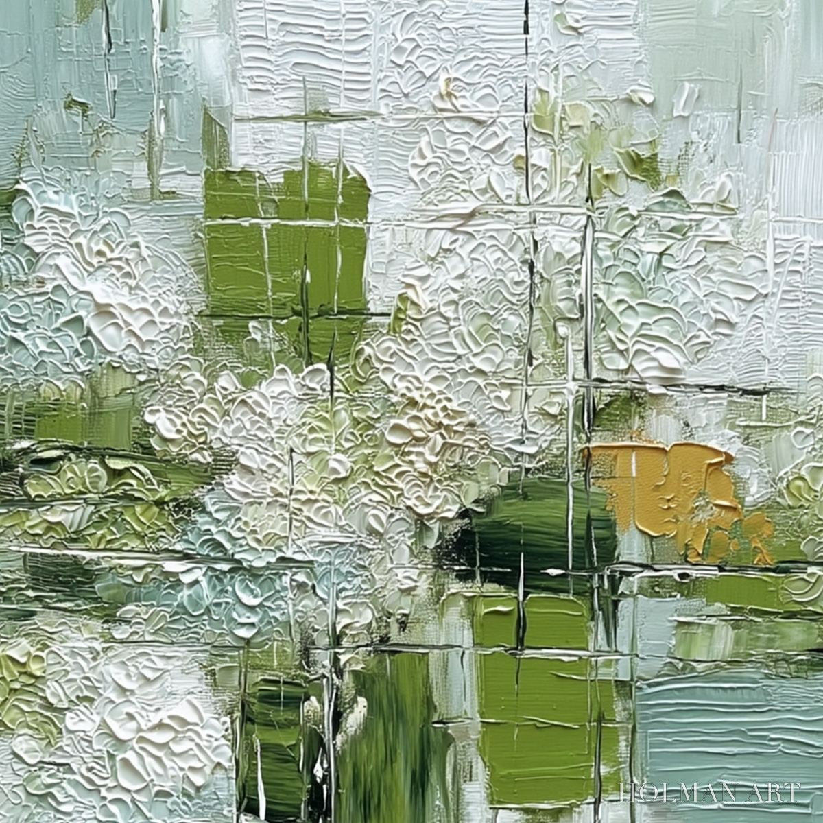 HOLMAN ART Verdant Grid – Textured Green and White Wabi Sabi Abstract Painting - image 3