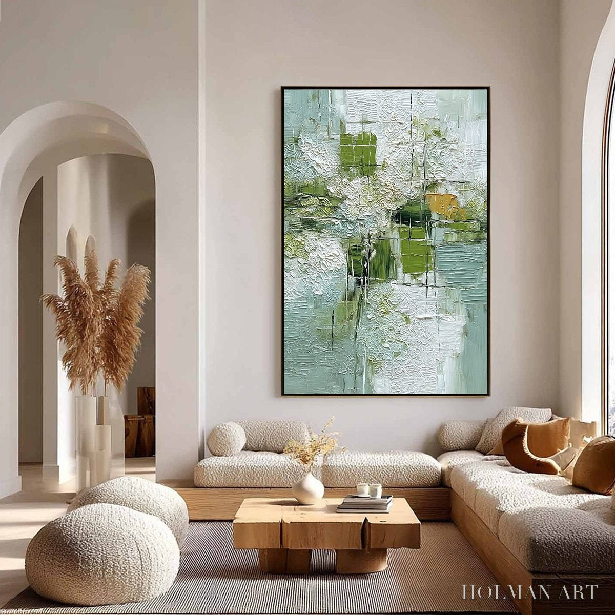 HOLMAN ART Verdant Grid – Textured Green and White Wabi Sabi Abstract Painting - image 4