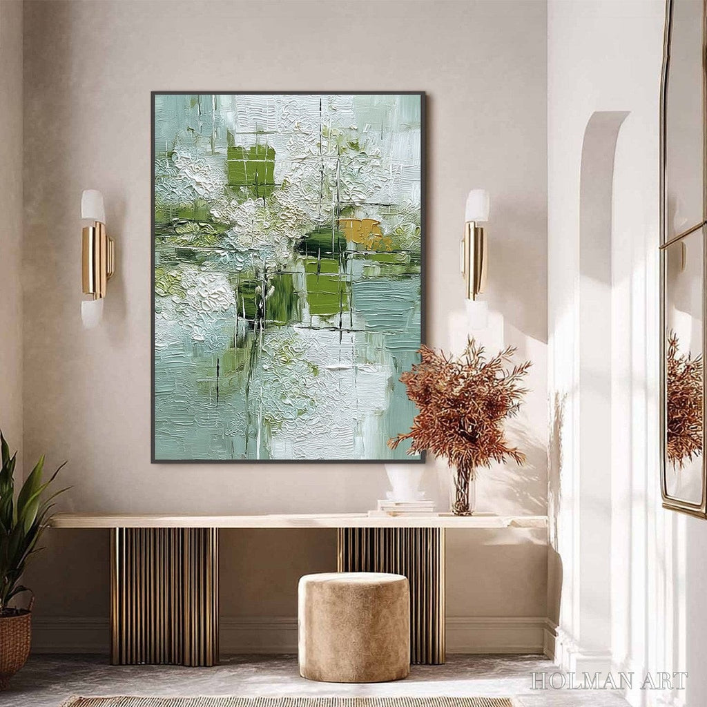 HOLMAN ART Verdant Grid – Textured Green and White Wabi Sabi Abstract Painting - image 6