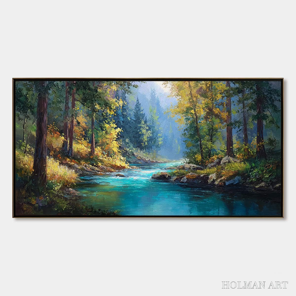 HOLMAN ART Sunbeam Creek – Vivid Forest River Landscape Oil Painting - image 1