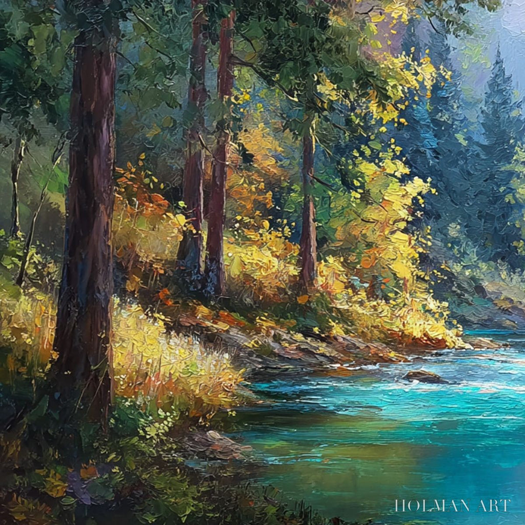 HOLMAN ART Sunbeam Creek – Vivid Forest River Landscape Oil Painting - image 3
