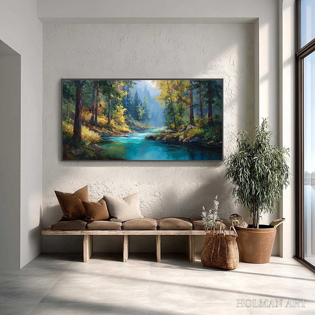 HOLMAN ART Sunbeam Creek – Vivid Forest River Landscape Oil Painting - image 4