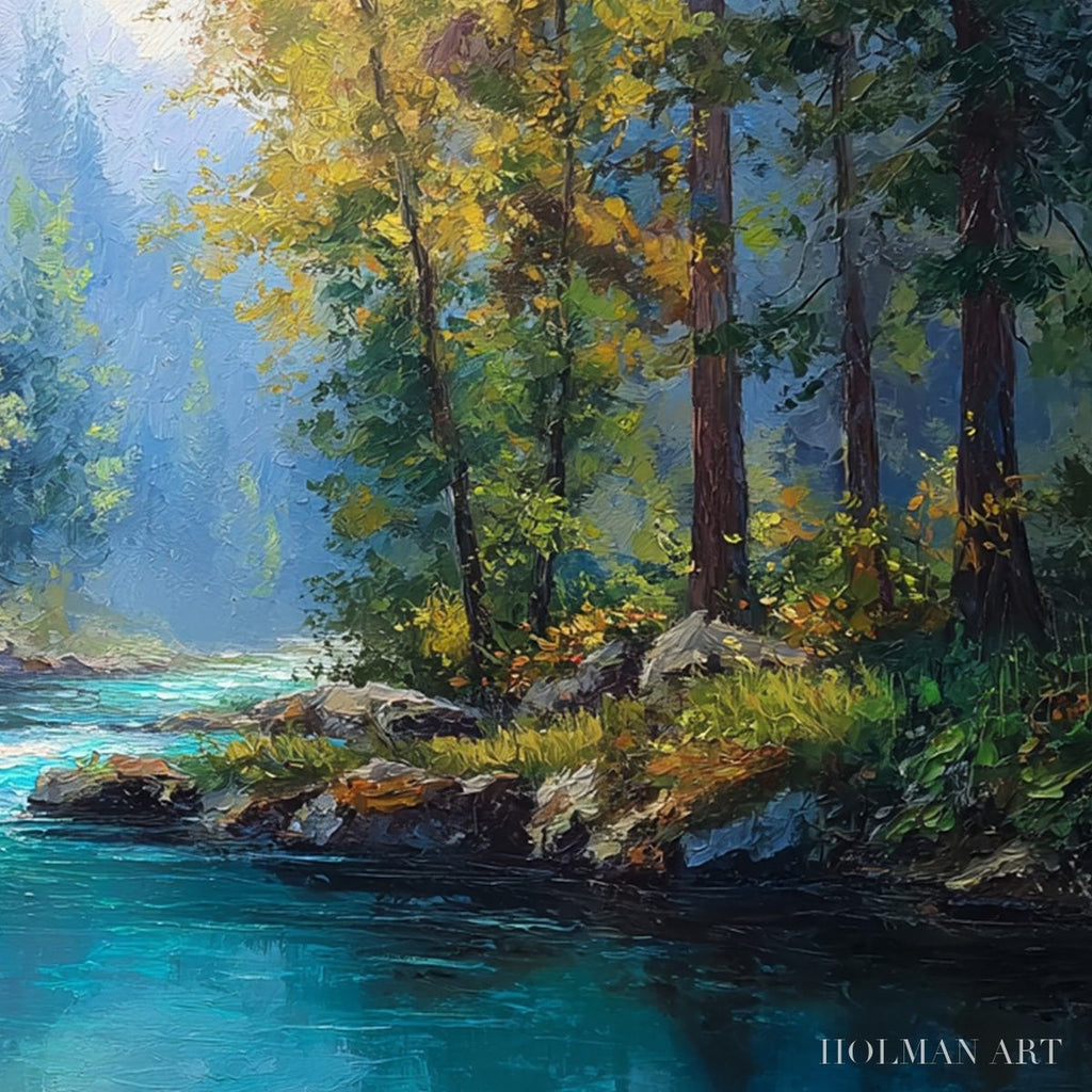HOLMAN ART Sunbeam Creek – Vivid Forest River Landscape Oil Painting - image 5
