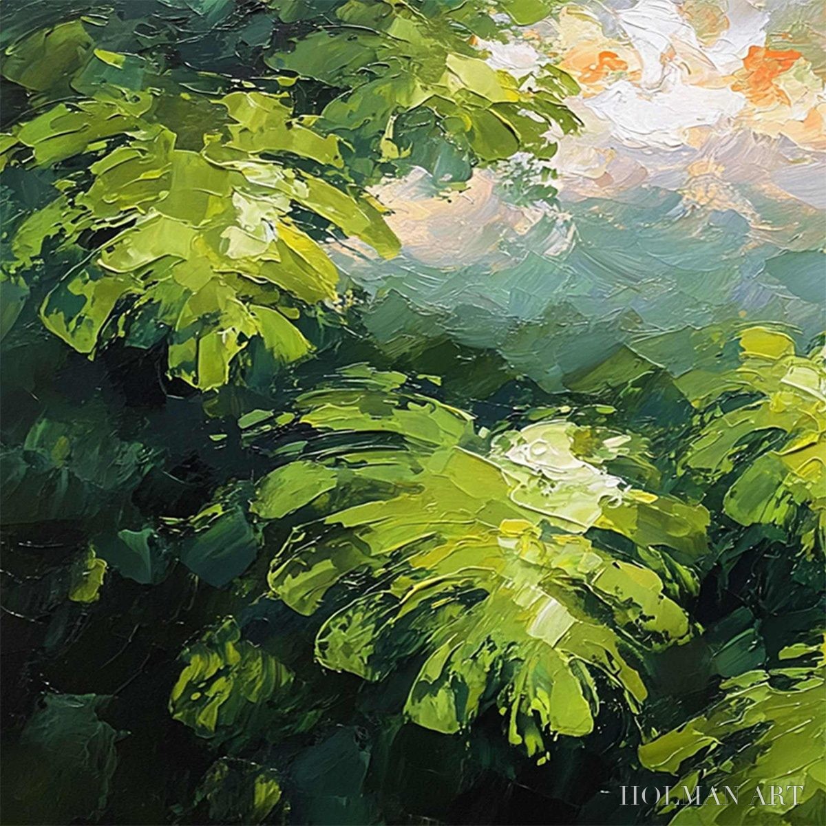 HOLMAN ART Verdant Sanctuary – Textured Impasto Painting of Sun-Kissed Jungle Leaves - image 3